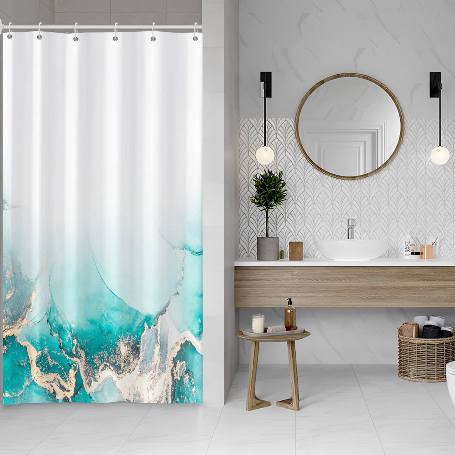 Bovlleetd Watercolor Turquoise Shower Curtain Minimalist Elegant Shower Curtain 3D Printing Gold Glitter Decors 36"x72" Waterproof Polyester Fabric Set 6 Holes — image 1