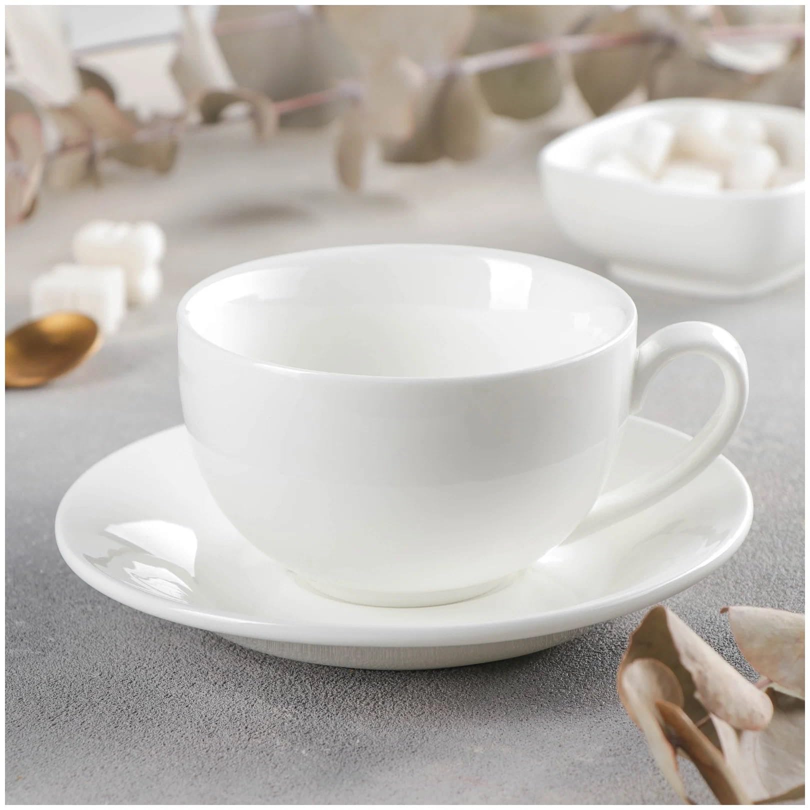 Wilmax - Tazze con piattini - Set da 6-400 ml - porcellana - Bianco - Servizio da tavola per 6 persone - per caffè, tè, dessert e tisane