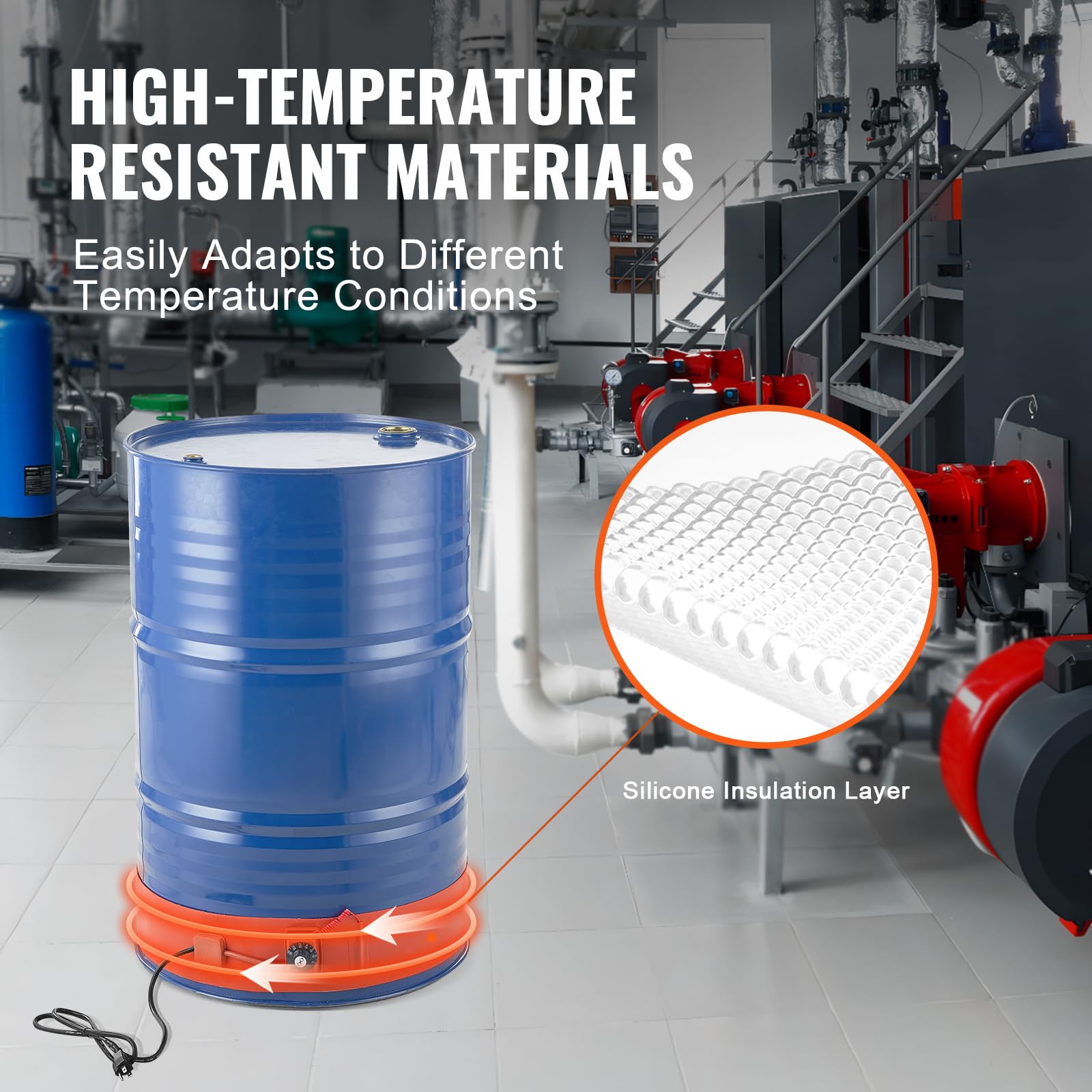 VEVOR Chauffe-fût en Métal, 1200 W, Bande Chauffante pour Baril 55 gallons, Largeur 125 mm, Thermostat Réglable 30°C-150°C, Ceinture Chauffante de Fûts de Graisse en Silicone Haute Efficacité, Orange