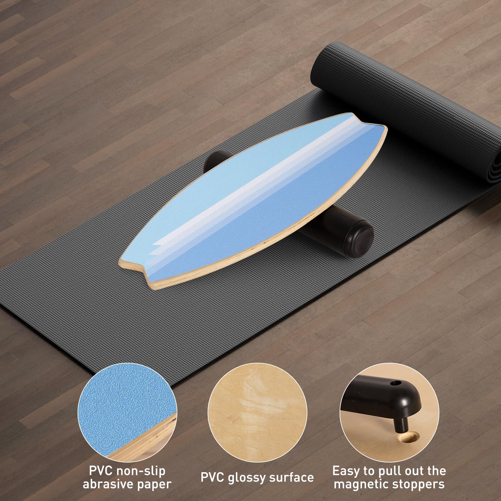 Leogreen Planche d'équilibre en Bois, Skateboard d'intérieur, 7 Modes de Planche oscillante avec Rouleau et Balle d'équilibre, idéale Fitness Yoga Surf