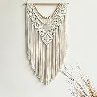 Guzhiou Handmade Macrame Wall Hanging Boho Geometric Tapestry with Wood Beads - 31.5x17 Inch Bohemian Cotton Wall Art for Bedroom Living Room