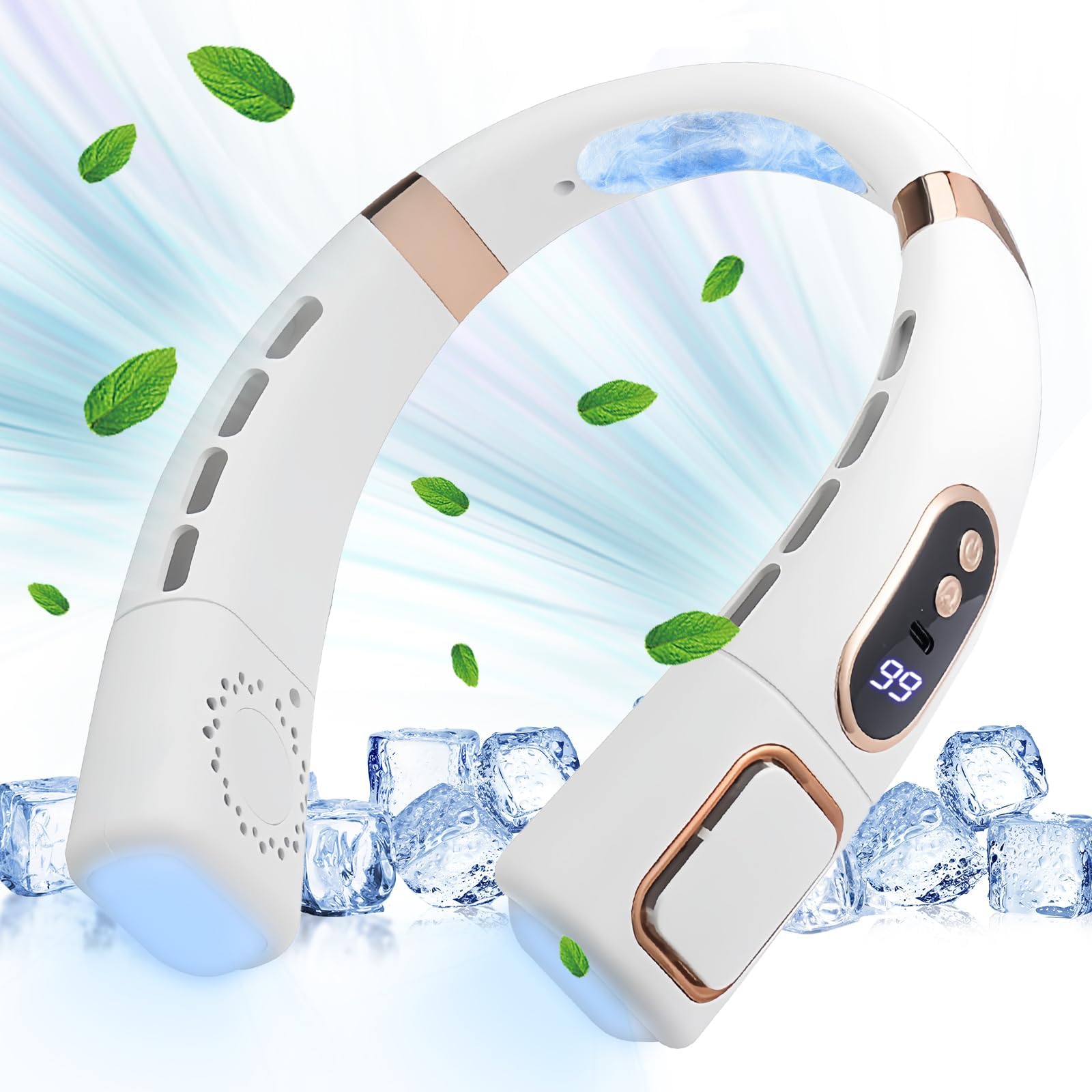 Portable Neck Fan, 360° Cooling Personal Fan, Hanging Bladeless Wearable Quiet Neck Face Fans, with Cooling Plate Lights Digital Display, USB Rechargeable, for Holiday Travel Camping