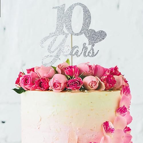 Decoración para tartas de cumpleaños de 10 años con purpurina plateada, suministros de decoración de pastel de cumpleaños de 10 años, decoración de