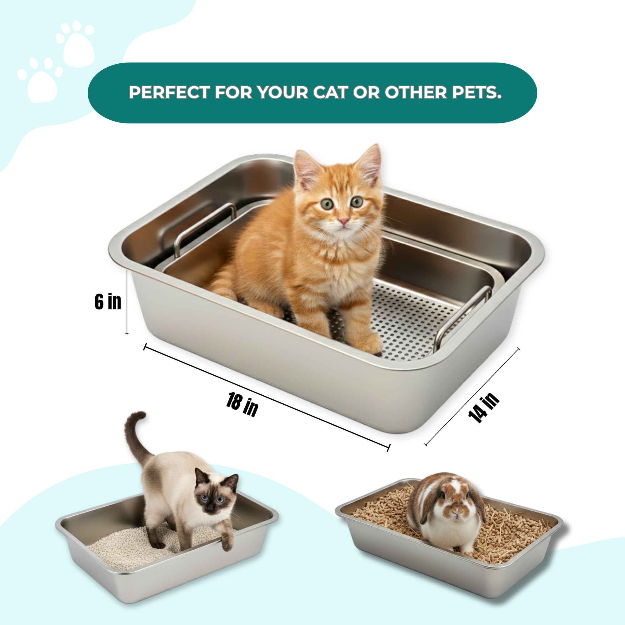 Stainless Steel CAT Litter Box Set – High Sided Metal Litter Box, 4-Piece Kit with 2 Trays, Sifting Tray & Scoop, Medium Size (18 x 14 x 6 in) - image 2