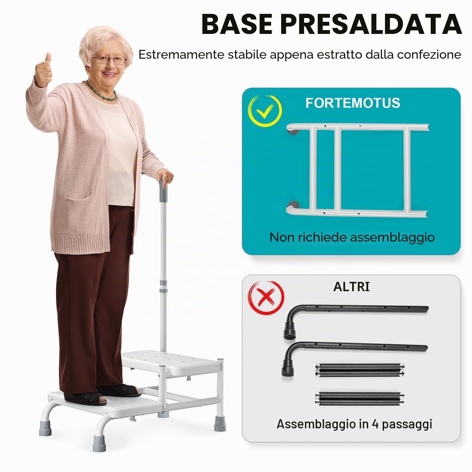 FORTEMOTUS Aiuto all'ingresso per Anziani, Sgabello per Vasca da Bagno con 2 Gradini e Maniglia per Anziani e Disabili per Cucina e Auto, Bianco