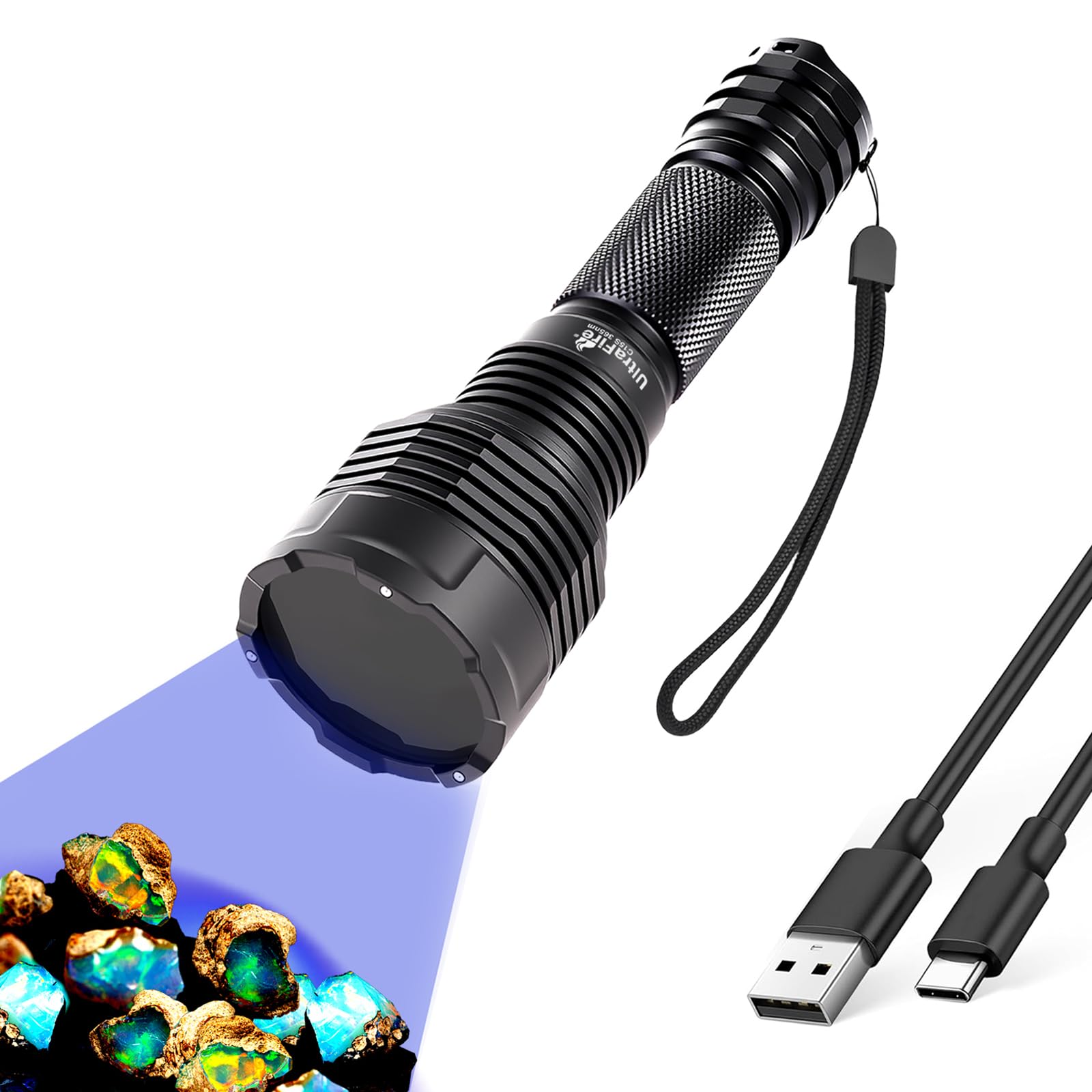 UltraFire Wiederaufladbare 365nm UV Taschenlampe, 16W Hochreines UV Licht, 2 Modi Schwarzlicht für Fluoreszenz Eindringprüfung, Aushärtungsharz, Leckortung, Hygieneinspektion in Hotels