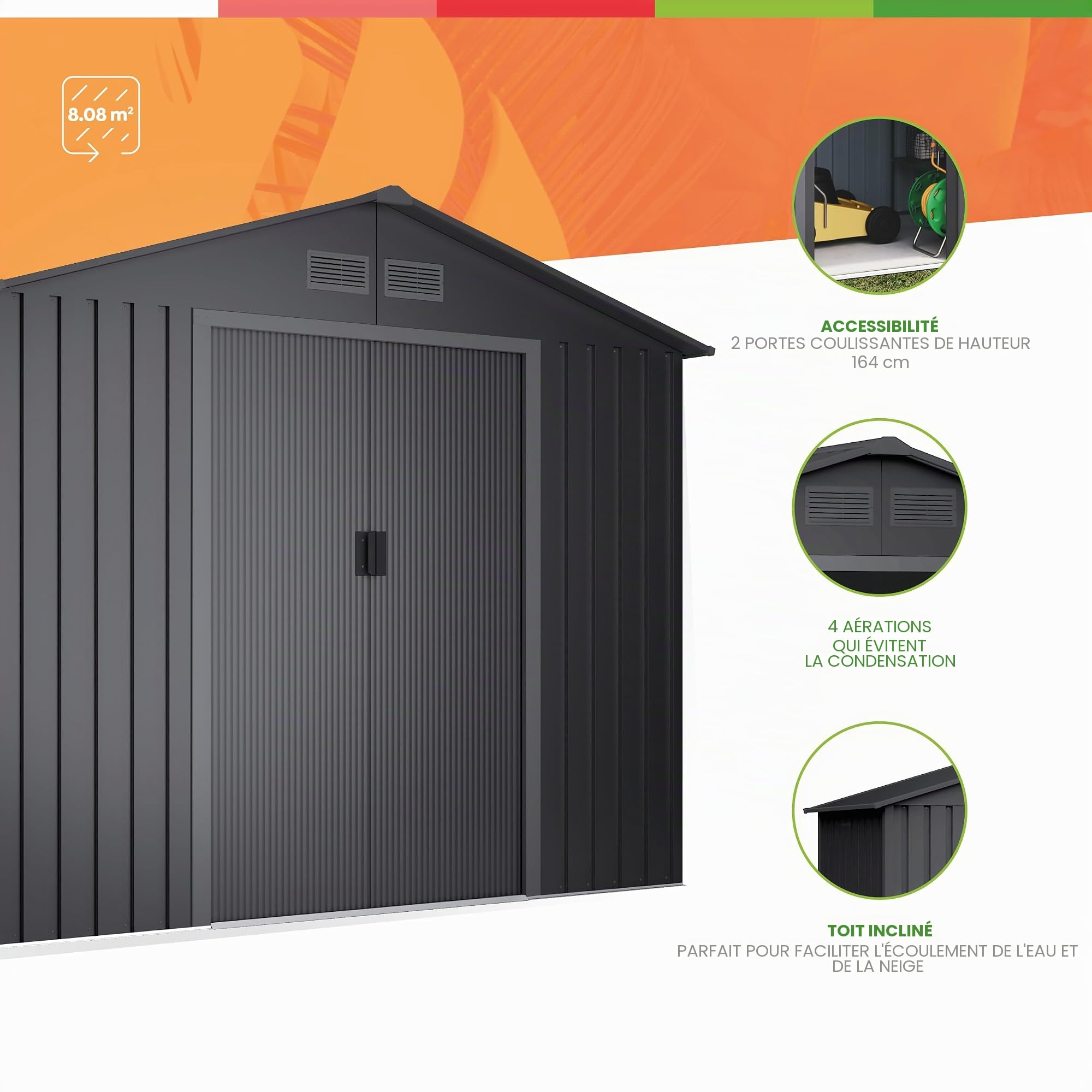Abri de Jardin en métal 8,08m2 Light Anthracite - 258x313x202cm - 4 grilles - Double Porte coulissante - Rangement extérieur