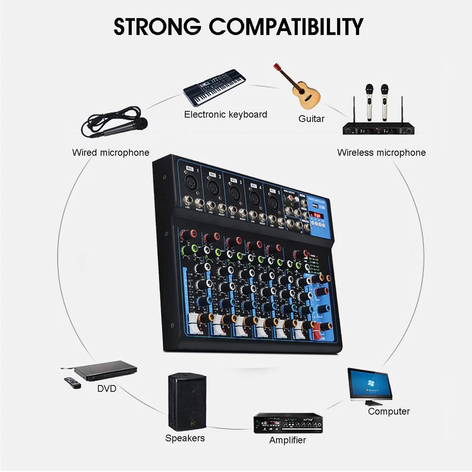 7-kanałowy mikser audio konsola miksująca dźwięk stereo Bluetooth USB nagrywanie komputerowe odtwarzanie zasilanie fantomowe USB cyfrowy mikser audio wzmacniacz dla Party Studio