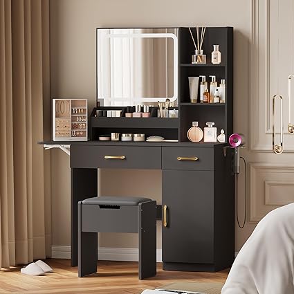 Dowinx Vanity Desk with Mirror and Light, Makeup Vanity with Power Outlet & Storage Stool, Vanity Table with 3 Drawers & 7 Open Shelves, Adjustable 3 Colors LED Lighted for Bedroom, Black