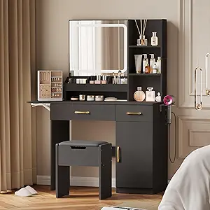 Dowinx Vanity Desk with Mirror and Light, Makeup Vanity with Power Outlet & Storage Stool, Vanity Table with 3 Drawers & 7 Open Shelves, Adjustable 3 Colors LED Lighted for Bedroom, Black