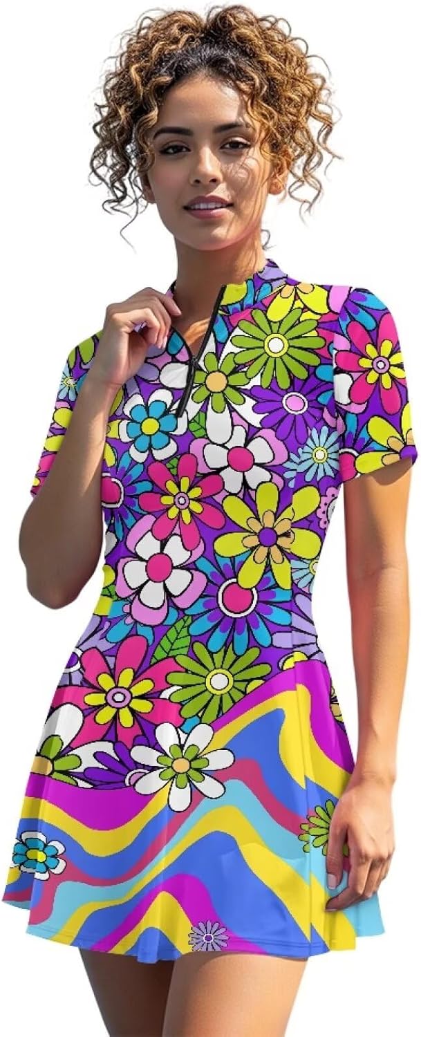 Womens Tennis Dress with Separate Shorts and Pockets Zipper Collared Golf Dress for Women with Sleeves Size XS-2XL