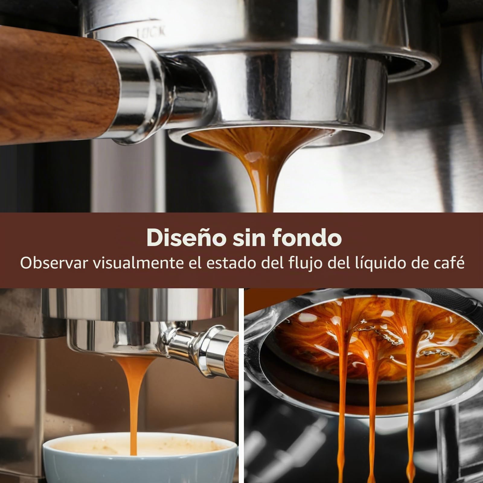 Romon Portafiltro Sin Fondo 51mm, Accesorio con Mango de Noyer y Acero Inoxidable, Compatible con Delonghi EC680/EC685/EC885/EC890, 3 Orejas