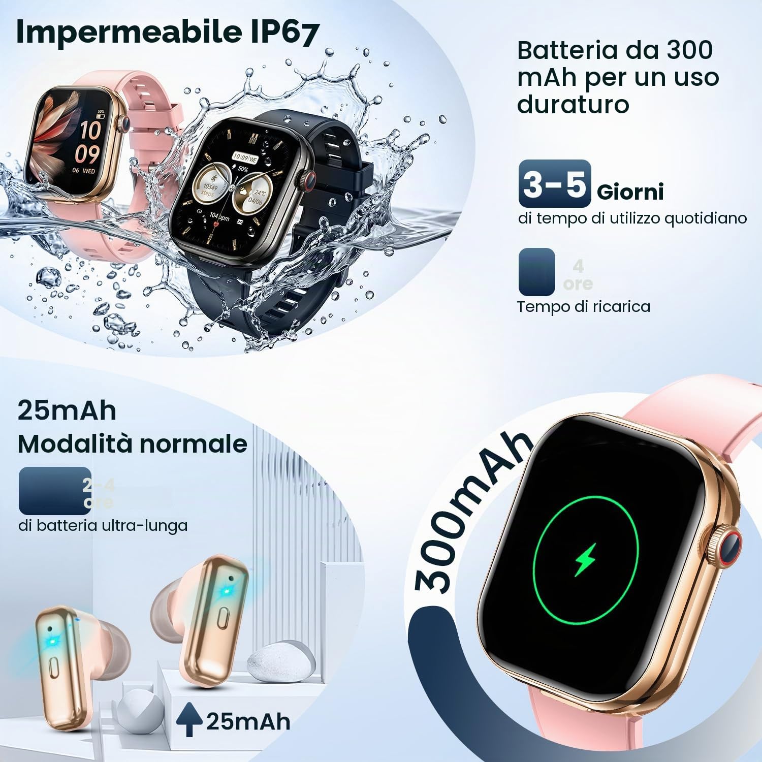 Smartwatch Donna Uomo con Auricolari Bluetooth: 2.02" Orologio Smart Watch Effettua Risposta Chiamate 100 Modalità Sportive Fitness Tracker IP67 Impermeabile WhatsApp Notifice Compatibile Android iOS