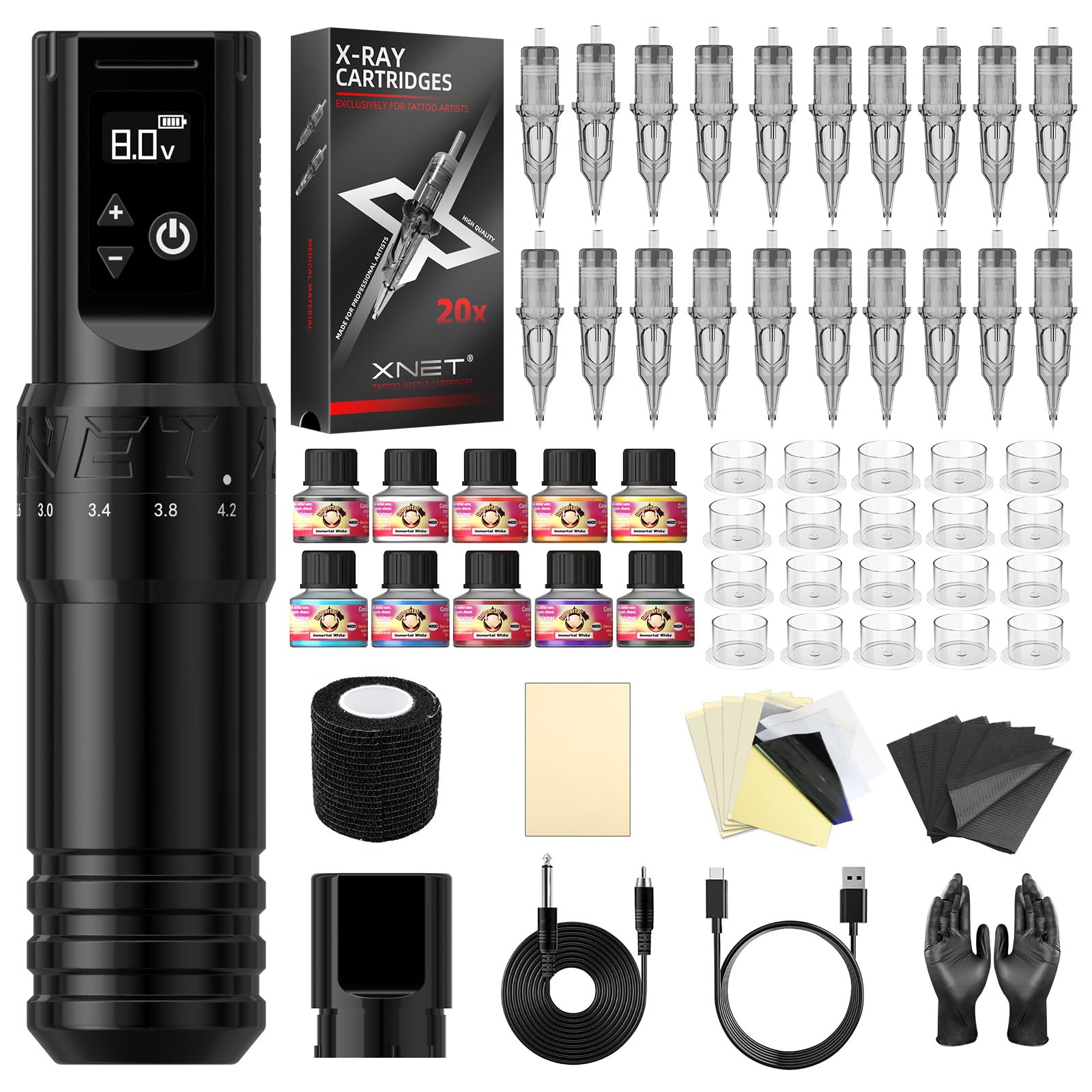 Xnet - Kit completo de pistola de tatuaje, bolígrafo giratorio inalámbrico de 7 tiempos ajustables con batería de 2400 mAh, 20 agujas de cartucho de rayos X, suministros para principiantes