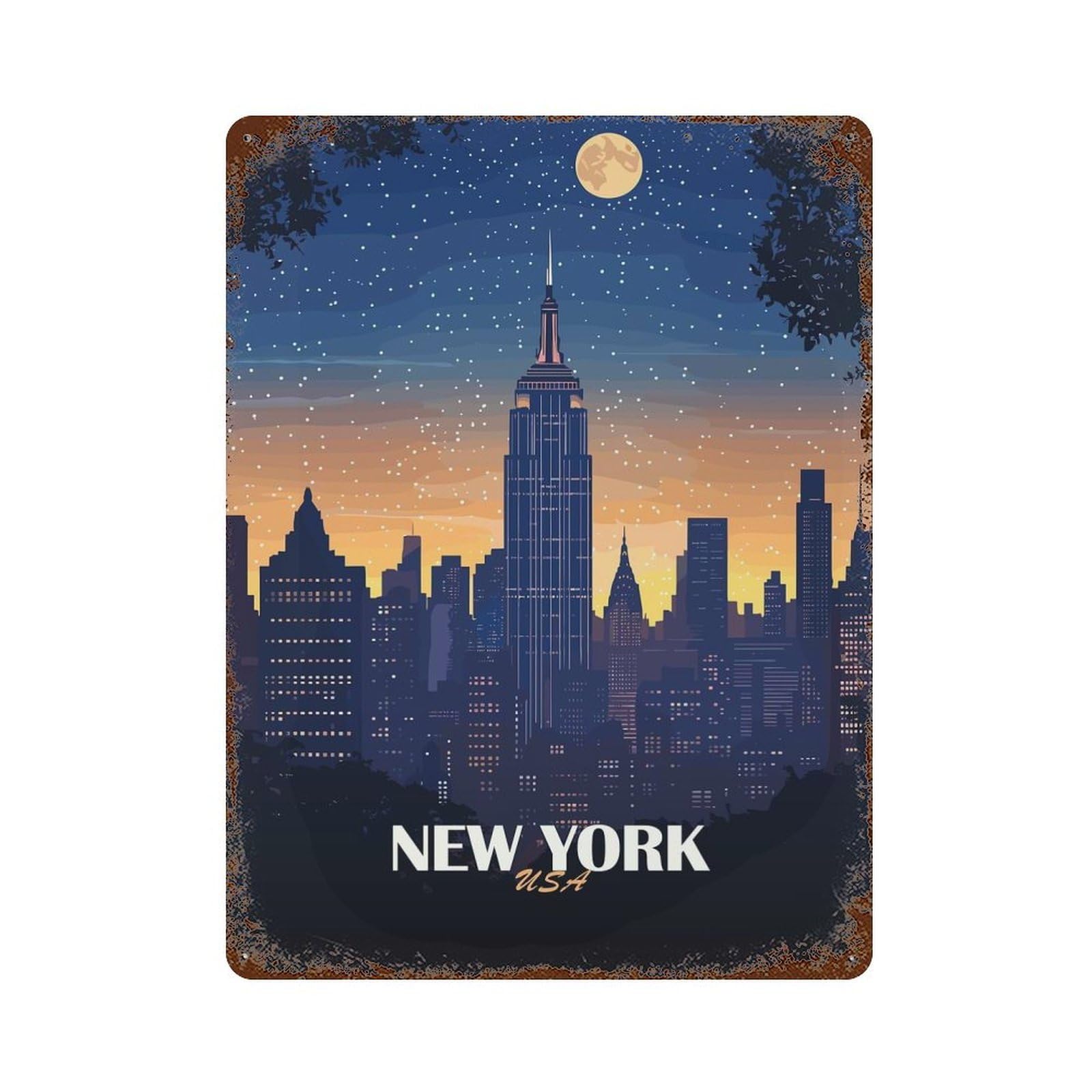 New York City Skyline at Night Rust Effect Tin Sign 15.7"x11.8", for Farmhouse, Kitchen And Entryway Decor, Decorative Metal Wall Art