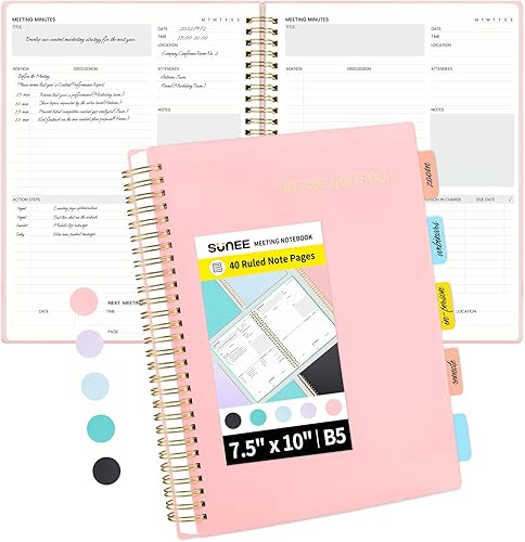 SUNEE Cuaderno de reuniones para trabajo con artículos de acción 240 páginas planificador de proyectos de tamaño B5 cuaderno en espiral agenda de