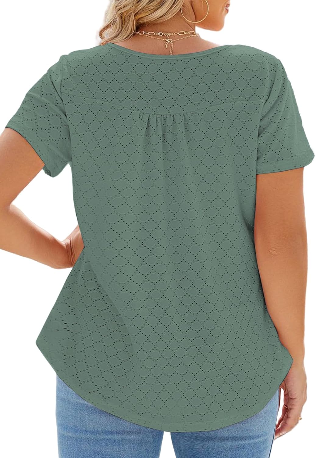 VISLILY Womens-Plus-Size-Summer-Tops Buttons Up Henley Shirts Flowy Pleated Tunics Trendy Eyelet Short Sleeve Blouses - Image 2