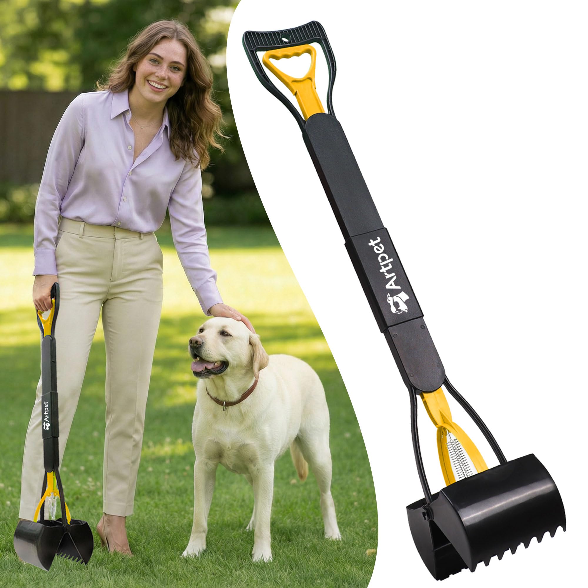 Recoge Cacas de Perros Mango Largo 80cm, Ligero y Plegable Recogedor de Excrementos Perro, Ideal para Paseos y Jardín, Amarillo