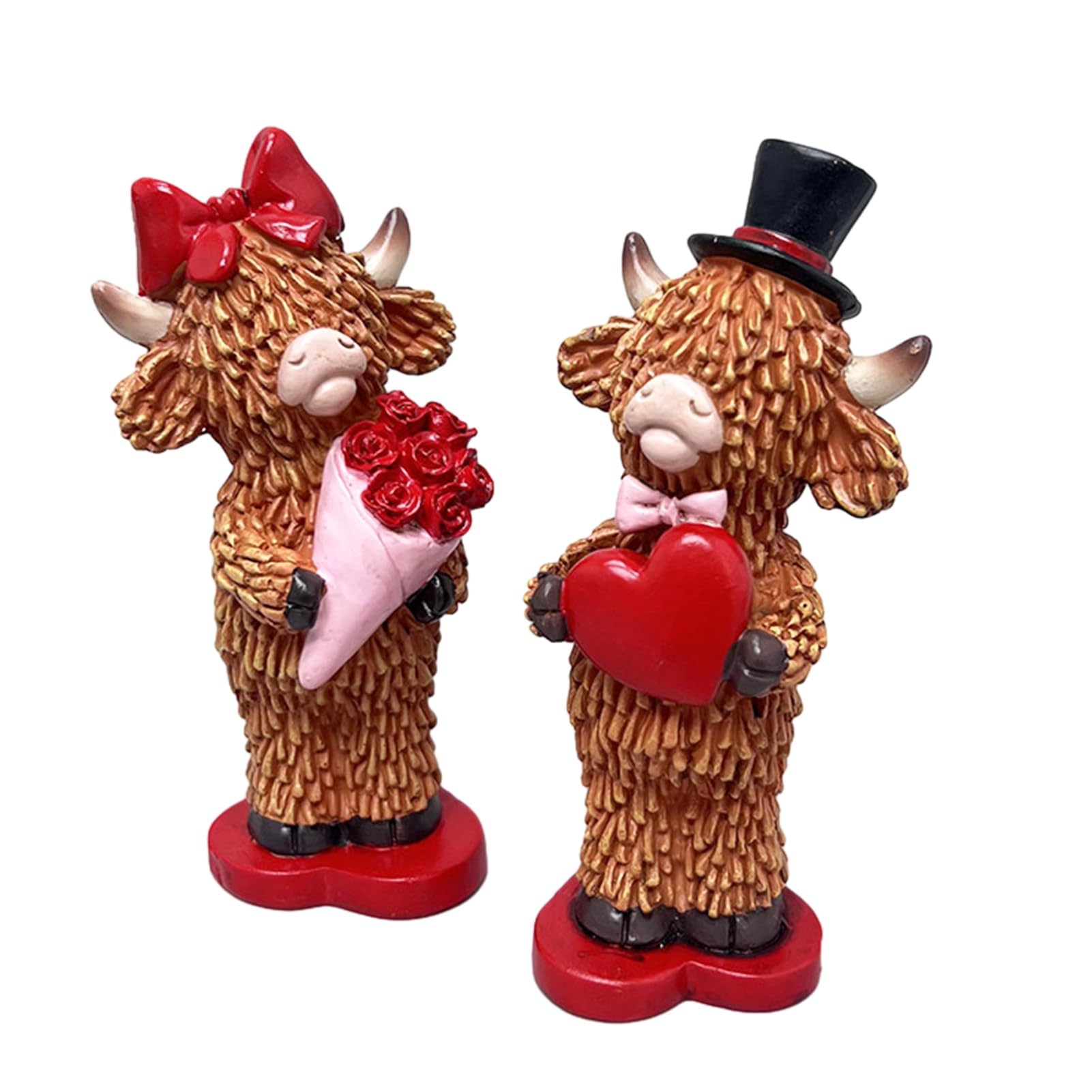 Glifora 2 Pcs Valentine's Day Highland Cow Figurine - Cute Love Scottish Cow Statue with Roses and Heart, Romantic Farmhouse Tabletop Decoration for Wedding Anniversary Couple Gift
