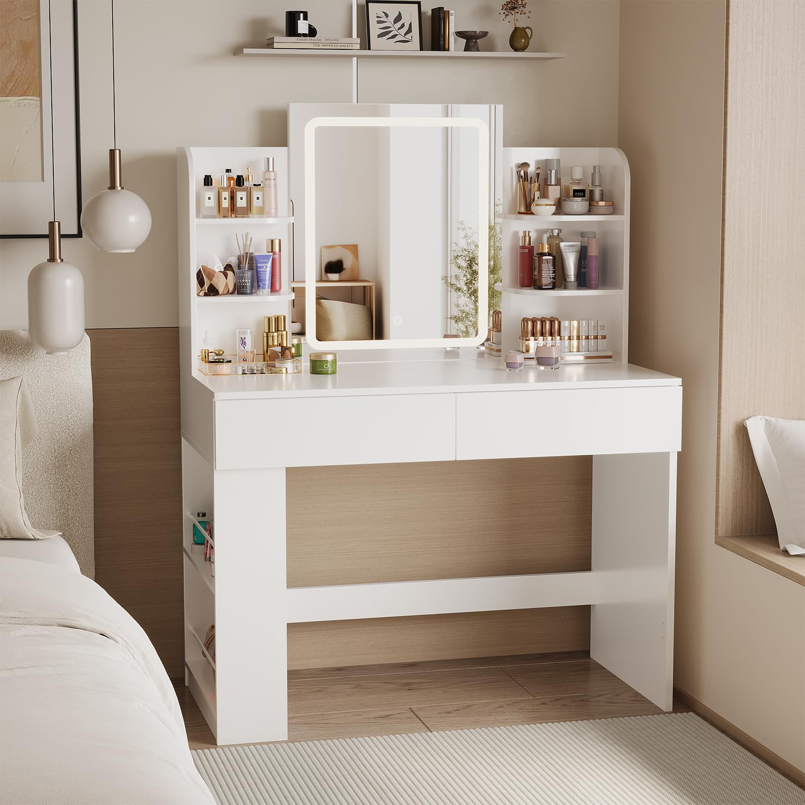 Airfish Coiffeuse avec Miroir et LED, Table de Maquillage avec 3 Étagères et 2 Tiroirs, Coiffeuse avec Grand Tiroir et Armoire, Lumière LED Réglable (Blanc)