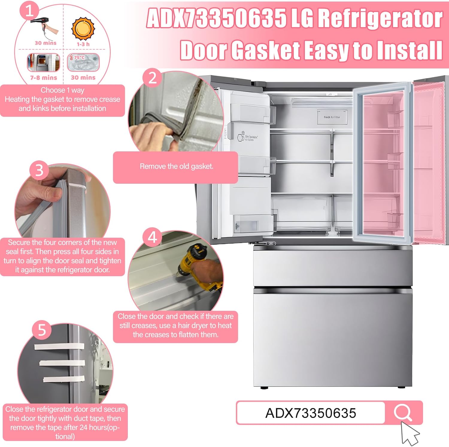LXun Upgraded ADX73350635 Refrigerator Door Gasket Compatible with LG Refrigerator Parts for LG Freezer Door Gasket Seal ADX73350625 ADX73350607 ADX73350629 LFC24786SD For LG Refrigerator Door Gasket