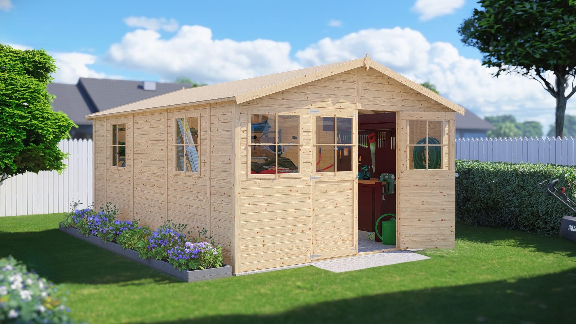 Steiner Shopping Gartenhaus Freital 03 mit Satteldach, Elementbauweise, Naturbelassen, 3,5 x 4,7 Meter, geräumiges Gerätehaus, einfacher Aufbau, Holz-Gartenhaus