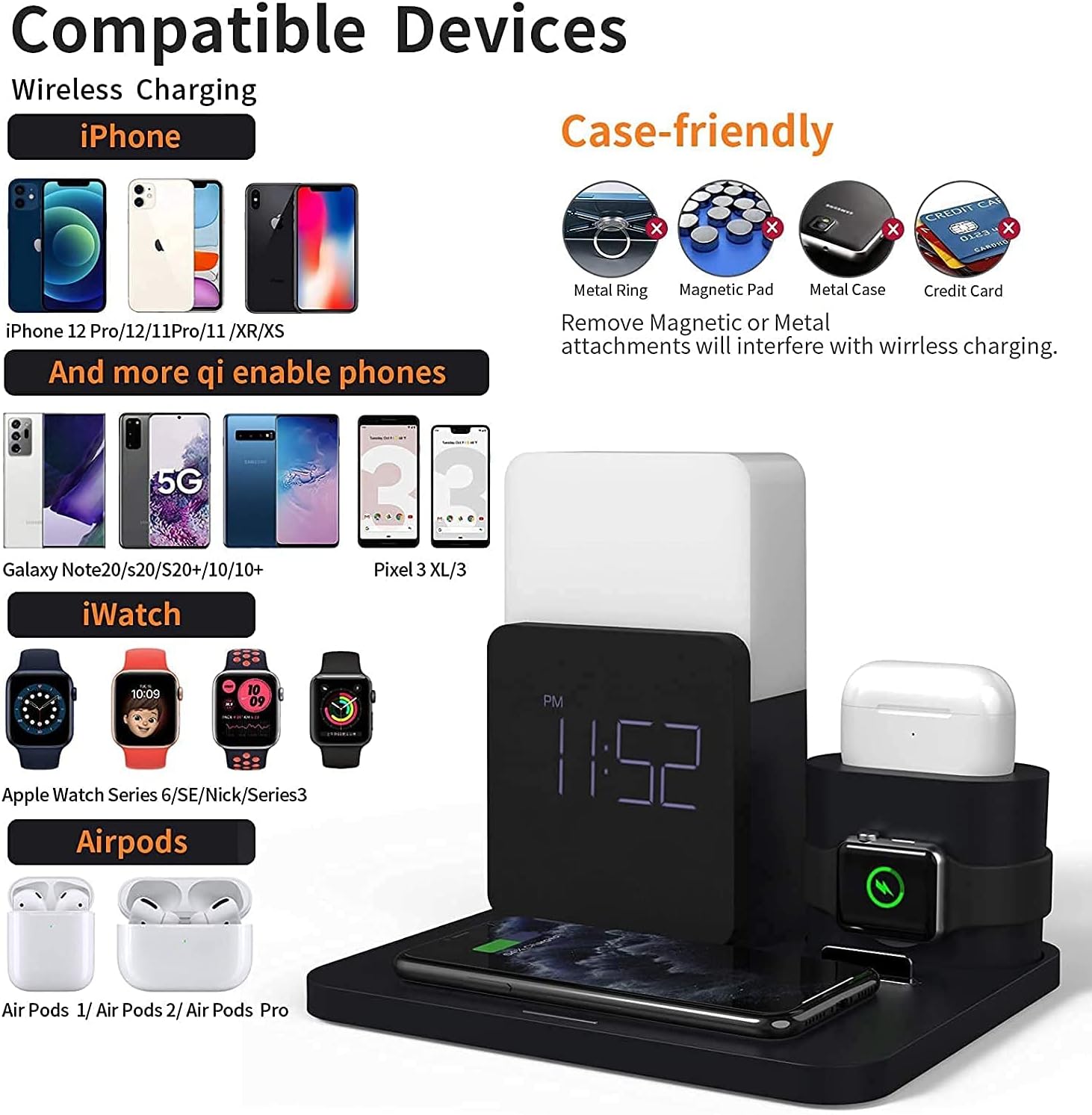 Wireless Charger, 3 in 1 Fast Wireless Charging Station with Digital Alarm Clock and Night Light,Compatible for iPhone 13,13 Pro,12,11,11 Pro,11 Pro Max, AirPods, Galaxy S20 S10, Note 10 9