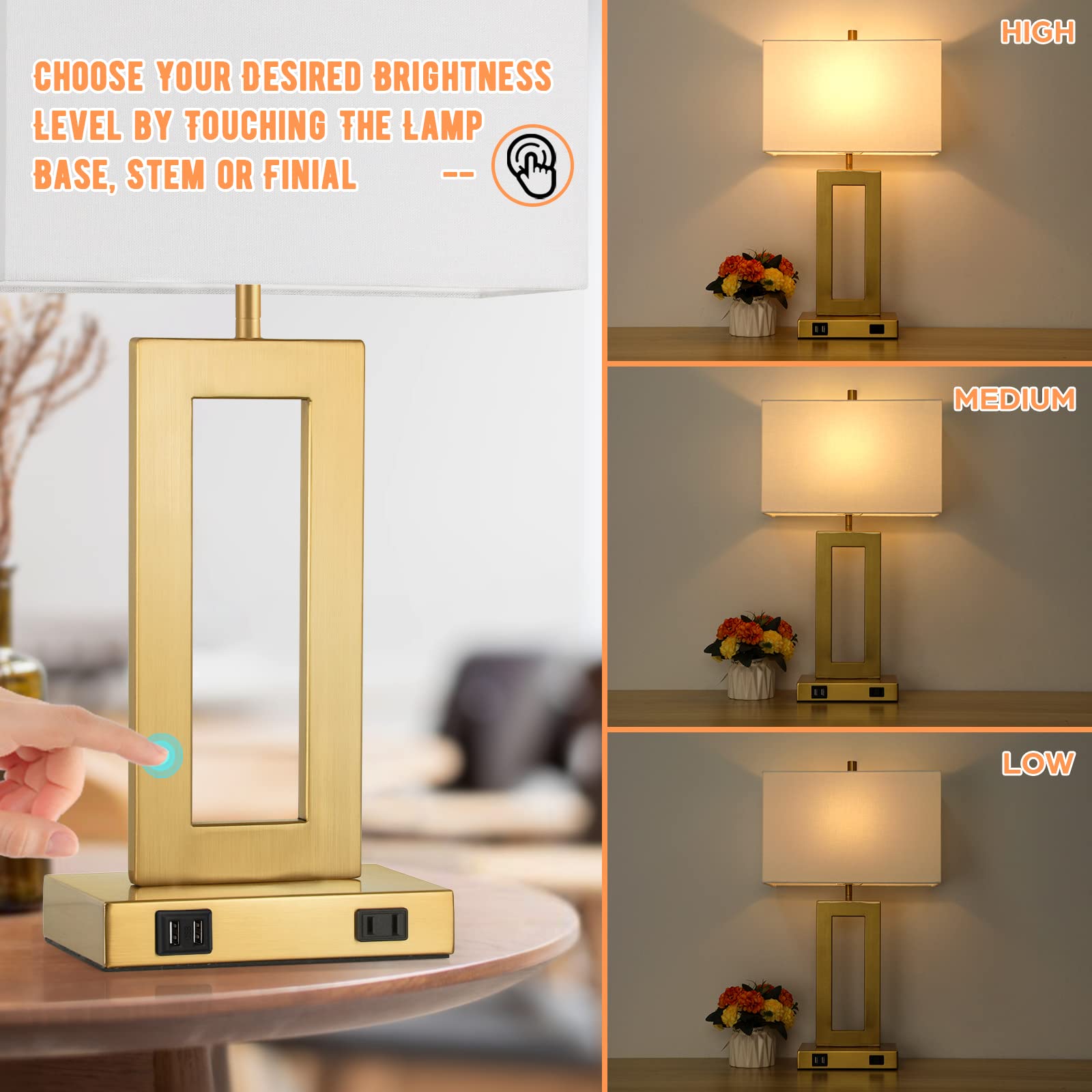 22'' Table Lamps for Bedrooms Set of 2, Gold Bedside USB
