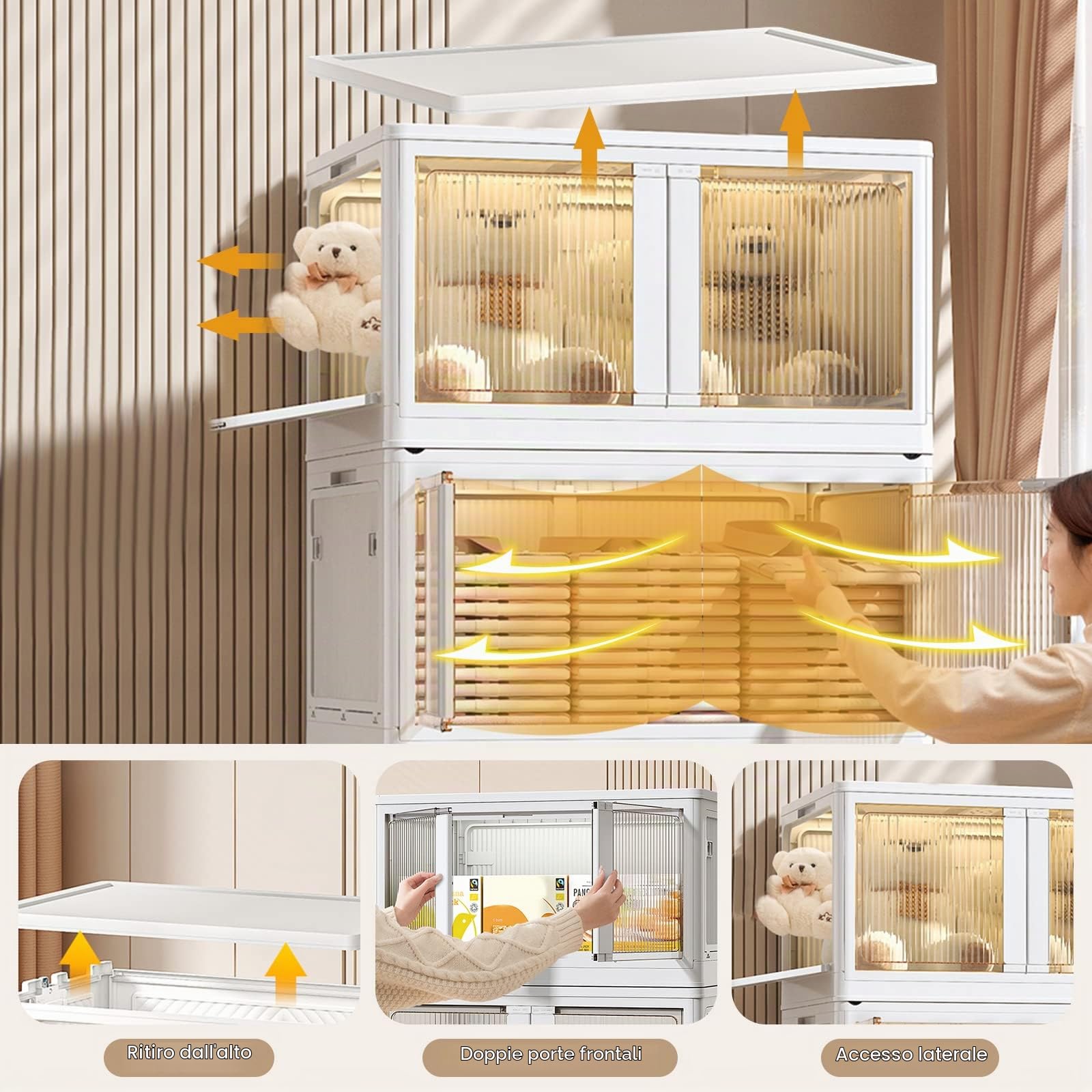 Ergocar Scatole Immagazzinaggio Pieghevole, Impilabili Scatola Organizer Trasparente con Ruote Nella, Apertura a Cinque Lati, Scatola Organizer Plastica per Auto, Armadi, Casa, Ufficio