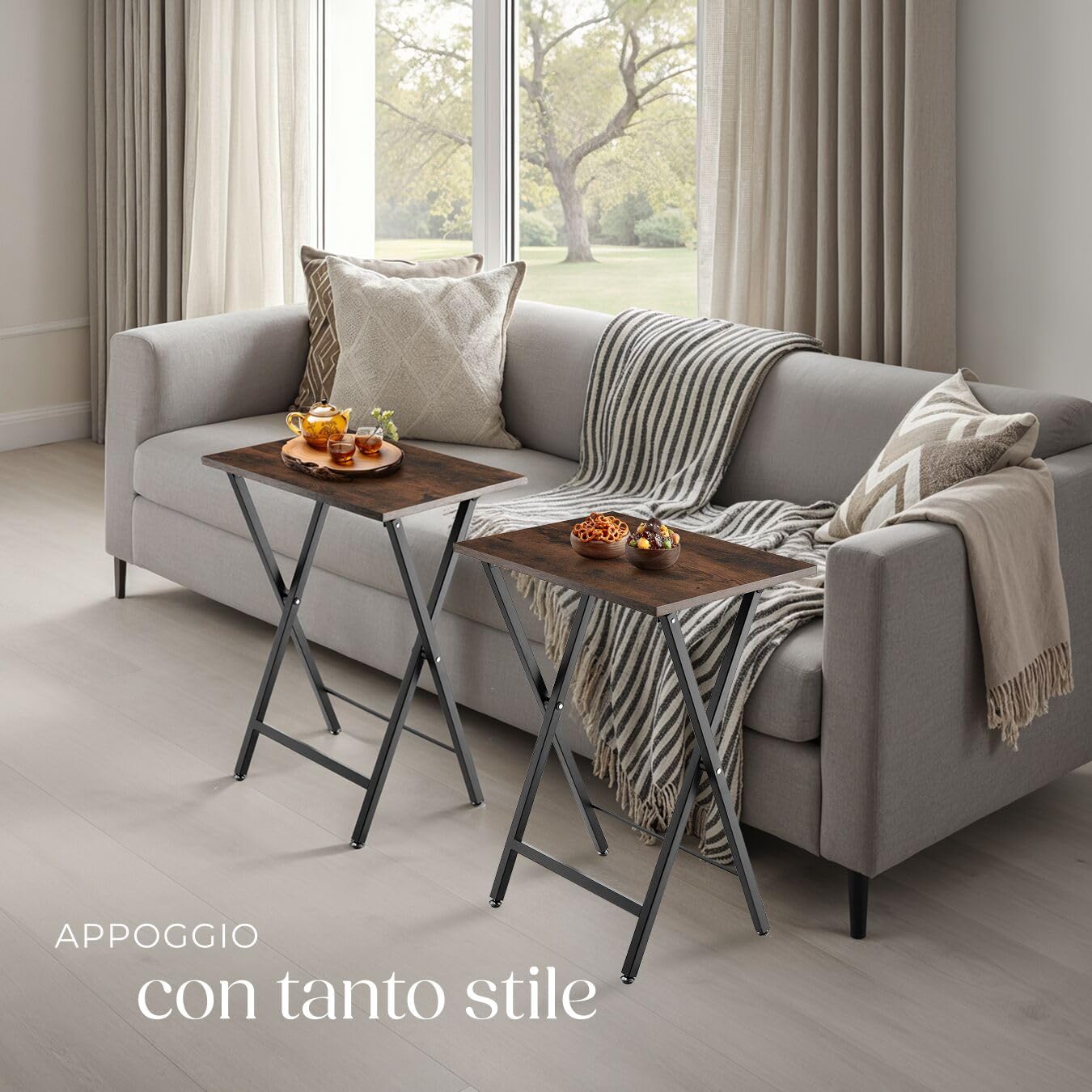 Tectake Phoenix Set di 2 tavolini, truciolato effetto legno, telaio acciaio scuro
