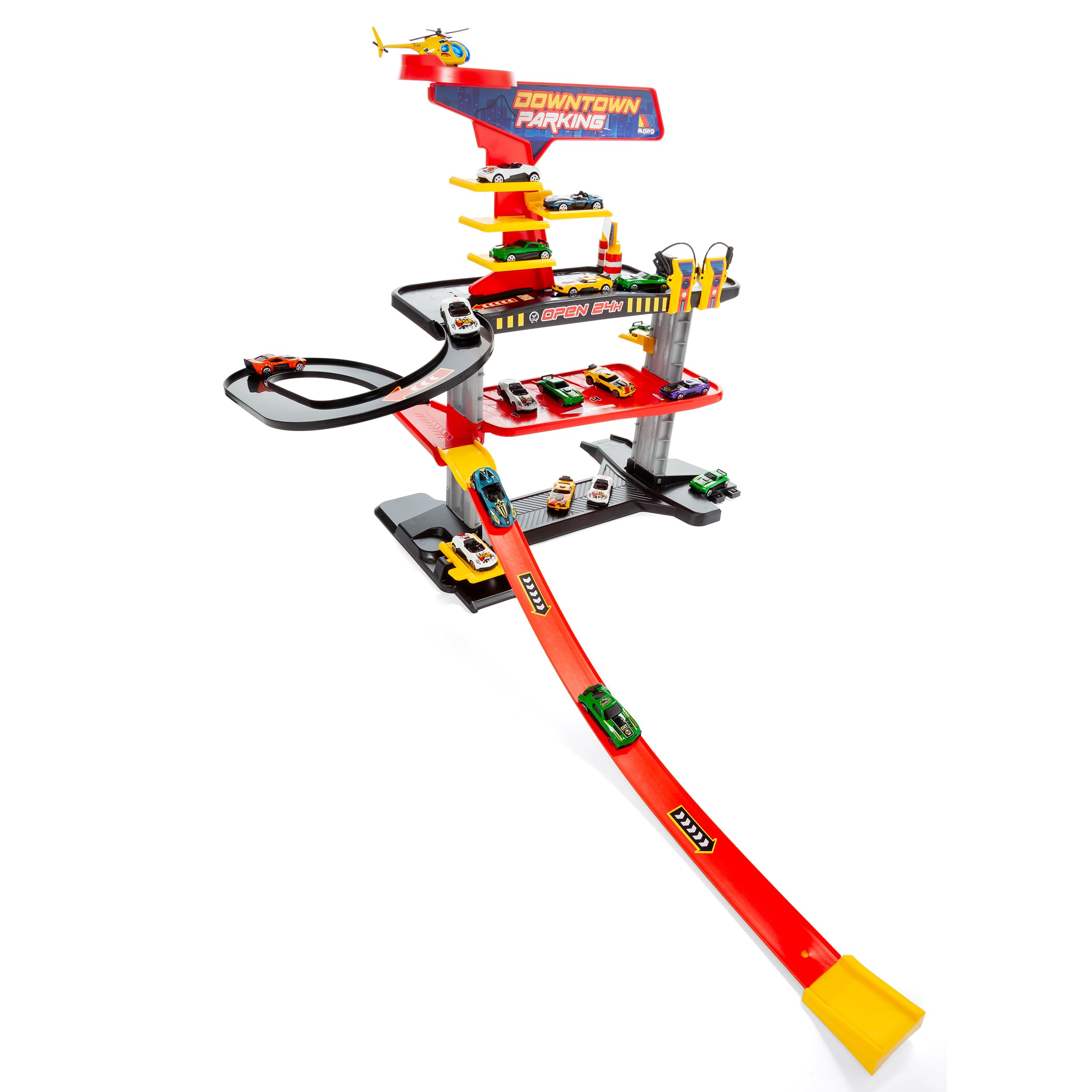 MOLTO | Parking de Juguete Downtown 3 Plantas – Estación de Servicio, Elevador, Lavadero – Parking Infantil con Rampa de Alta Velocidad