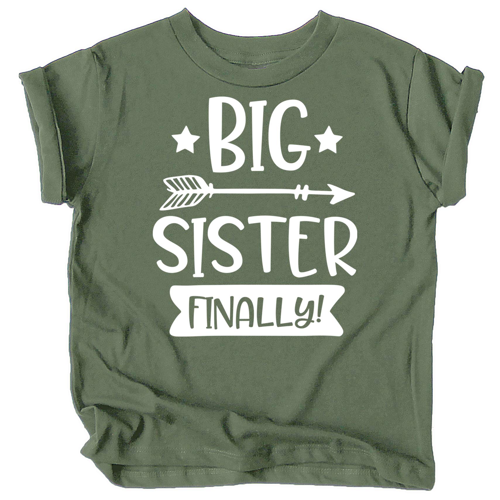 Olive Loves Apple Big Sister Finally Sibling Announcement Shirts for Baby and Toddler Girls Sibling Outfits Military Green Shirt