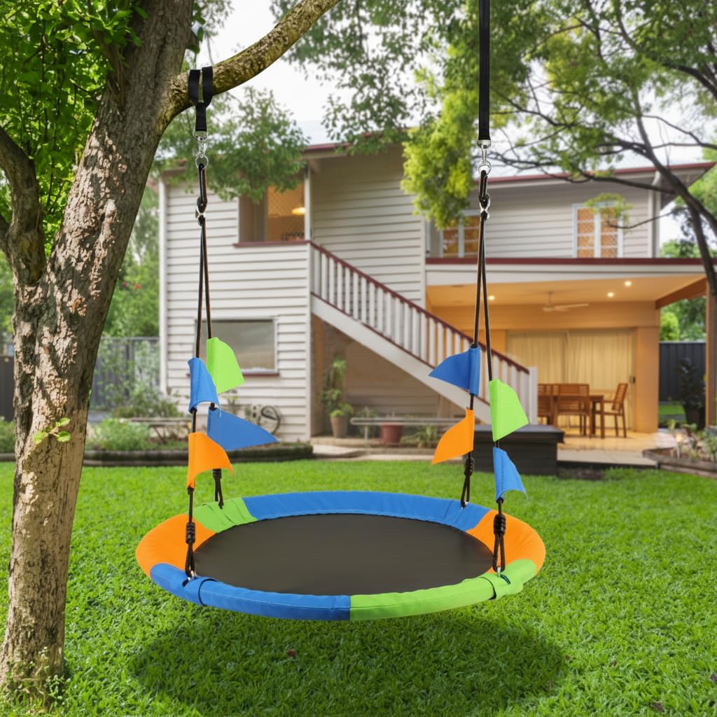 Leogreen Balançoire Nid d'Oiseau Ø 120 cm, Charge Maximale 300 kg, Hauteur Réglable 100-180cm, avec Sangles de Suspension, Idéale pour Jardin & Plein Air (Multicolore)