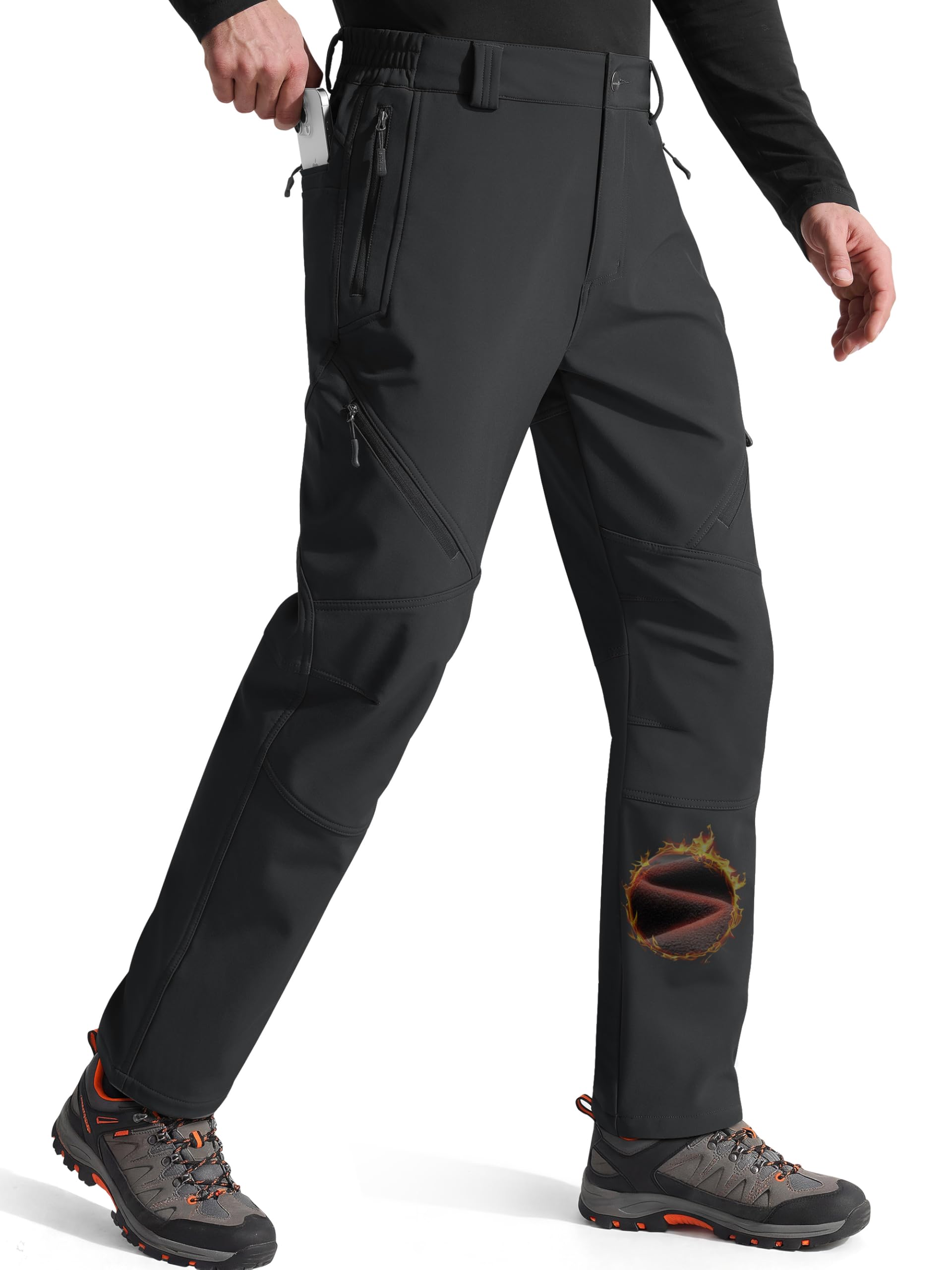 FREE SOLDIER Men's Fleece Lined Outdoor Cargo Hiking Pants Water Repellent Softshell Snow Ski Pants with Zipper Pockets — view 16