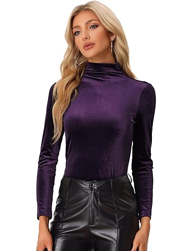 Allegra K Women's Turtleneck Velvet Top Long Sleeve Work Shirts Basic Velour Blouse - X-Large - Purple