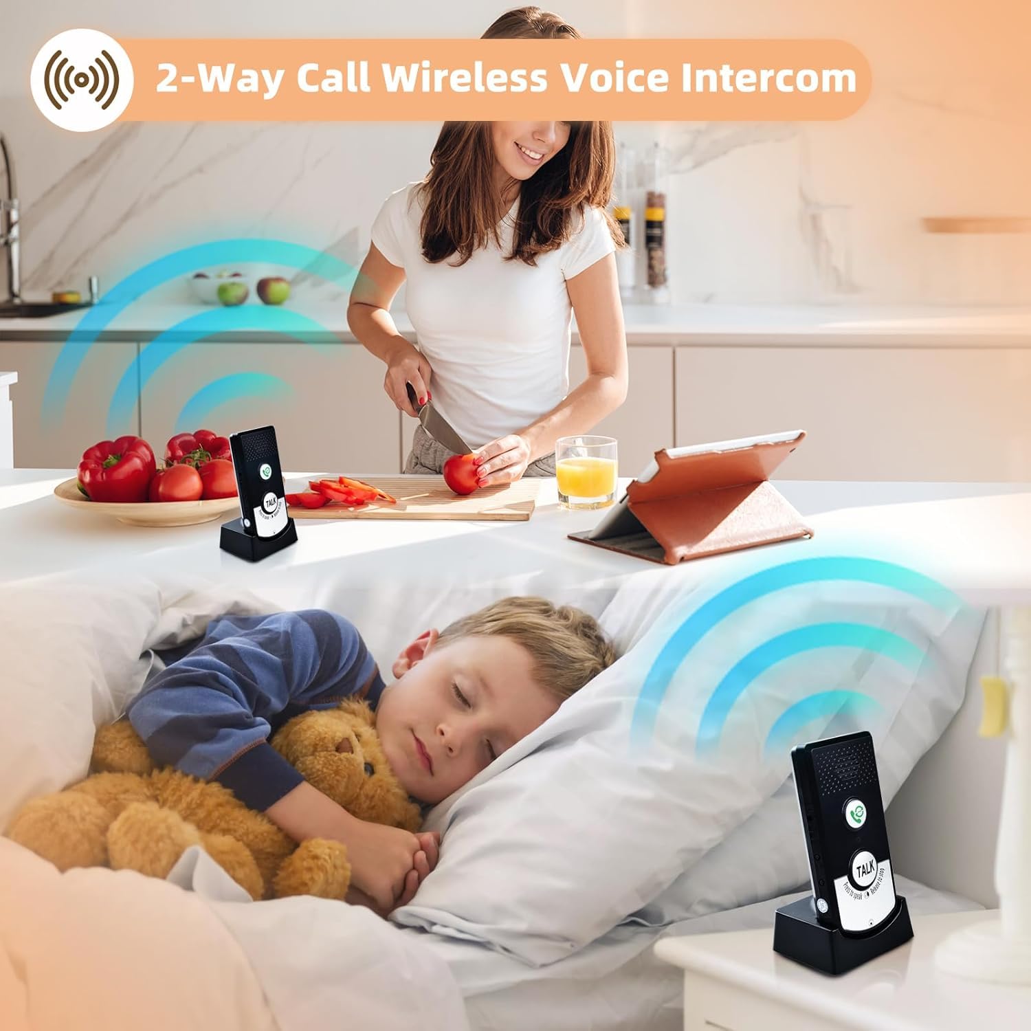 Flylin Intercomunicador de voz de 2 vías, 1000 m inalámbrico, 2 bases | Sistema de interfono impermeable para familiares ancianos, oficina, hospital