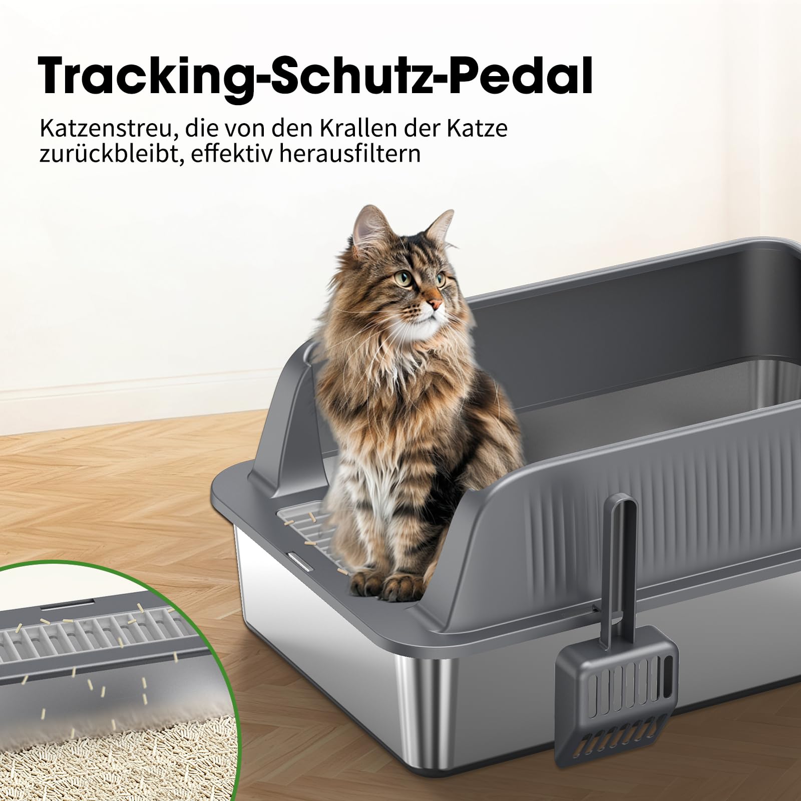 Edelstahl Offene Katzentoilette – extra große Katzentoilette mit hohen Seitenwänden für große Katzen, herausnehmbare Tiefe Wanne, inkl. Schaufel & Einstiegshilfe, Dunkelgrau, 2 Stück