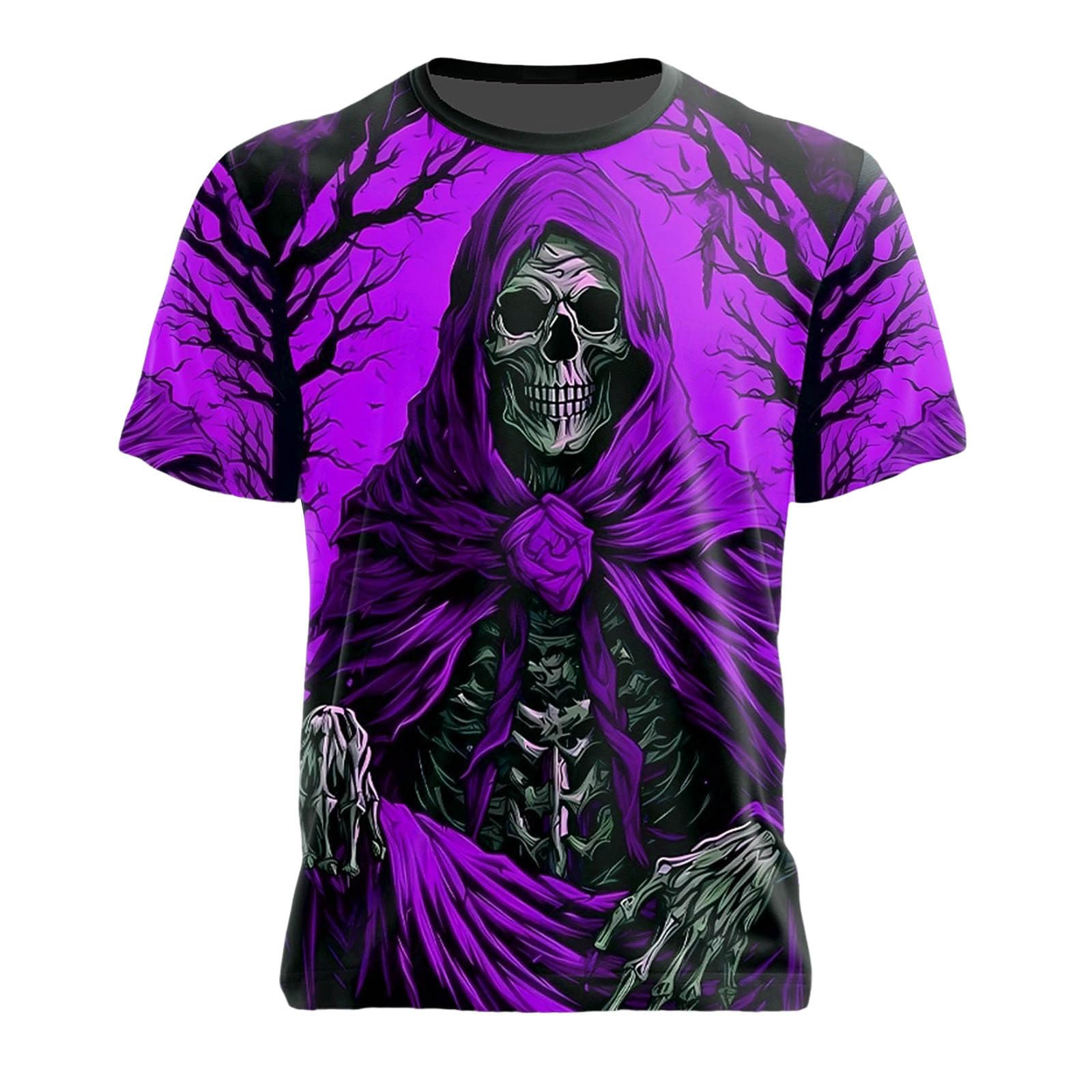 Men's T-Shirt with Grim Reaper in Red - Dark Gothic Shirt with 3D Print and Skeleton Motif | Eye-catching Top for Horror and Metal Fans, style_w03 purple, XL