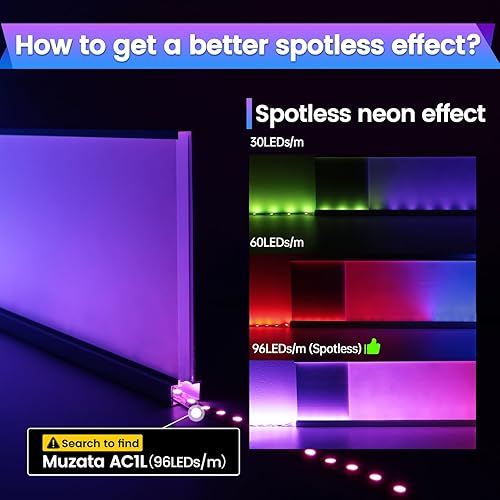 Vista 12 de Muzata 4FT/1.2M Spotless Aluminio LED Zócalo Iluminación Esmerilado LED Tira Difusor de Luz Neón Zócalo Iluminación Interior Estado de Ánimo