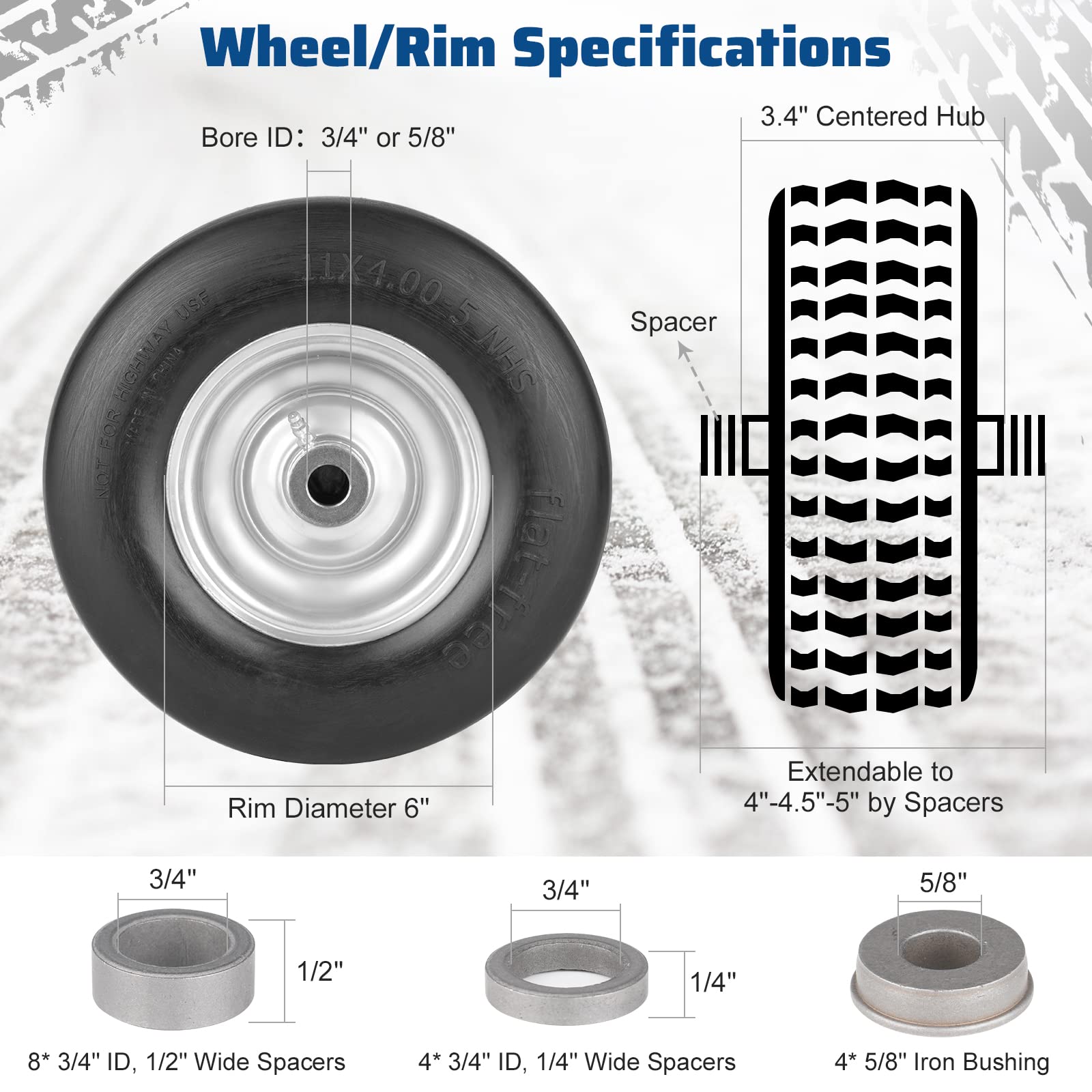 11x4.00-5 Flat Free Solid Tubeless Tire w/Silvery Steel Rim Fits Zero Turn Mowers, 3.4"-4"-4.5"-5" Centered Hub, Bore ID: 3/4" or 5/8", Come with Universal Adapter Kit, Set of 2
