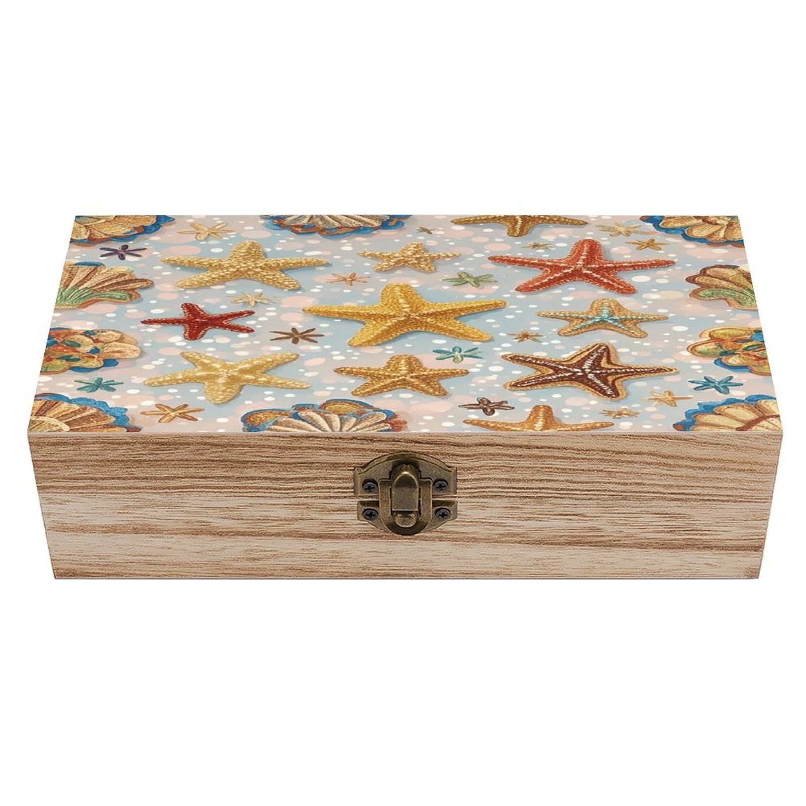 asbwuo Shell Starfish Pattern Wood Keepsake Box Wooden Box with Hinged Lid
