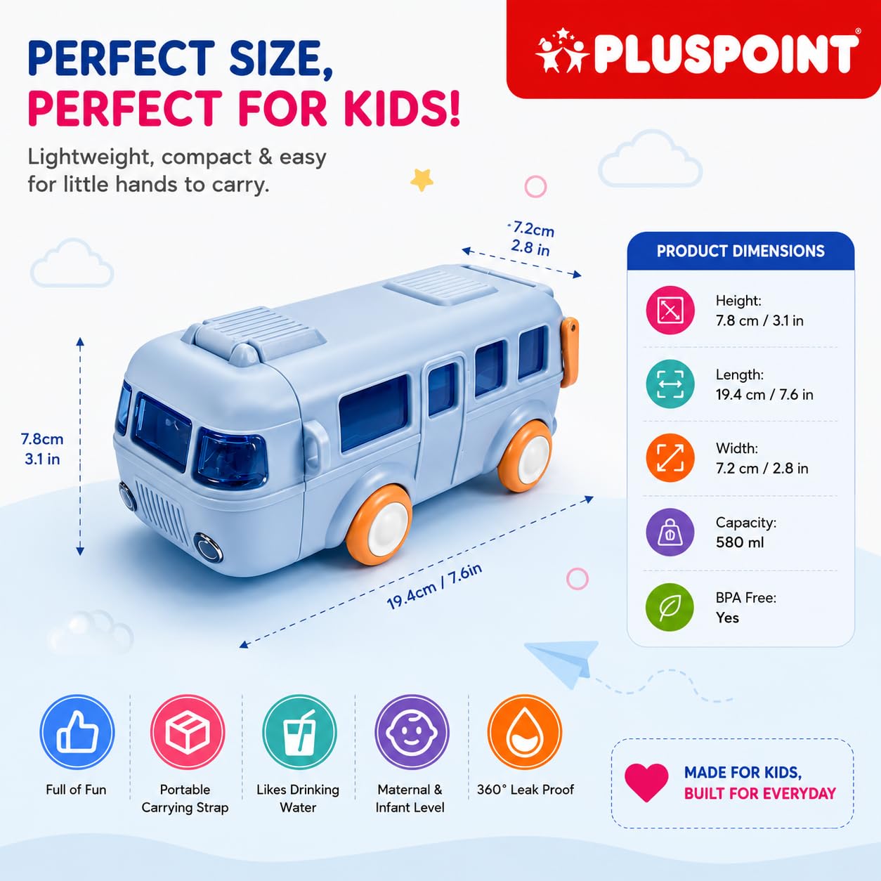 PLUSPOINT Bus Shape Water Bottle for Kids Detachable Straw with Shoulder Strap Leak-Proof Cartoon Water Bottle with Wheels (Color-Blue), Silicone, 500 ML — Amazon image 7