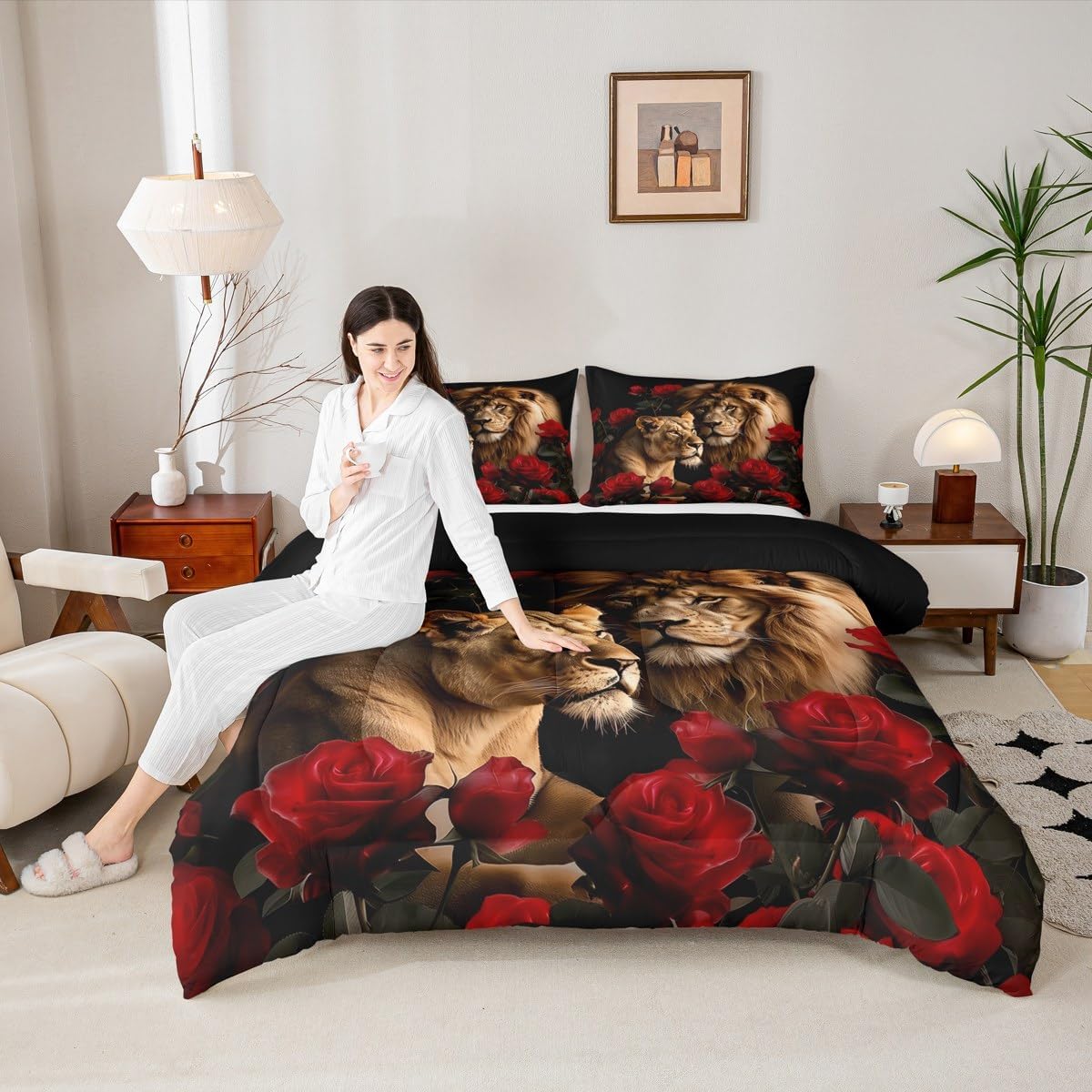 jejeloiu Lion Comforter Set Twin Size Rose Lion Bedding Set for Kids Boys Girls Safari Print Duvet Quilt 3D Wild Animal Pattern Bedroom Decor Microfiber 2 Pcs with 1 Pillow Cases - Image 5