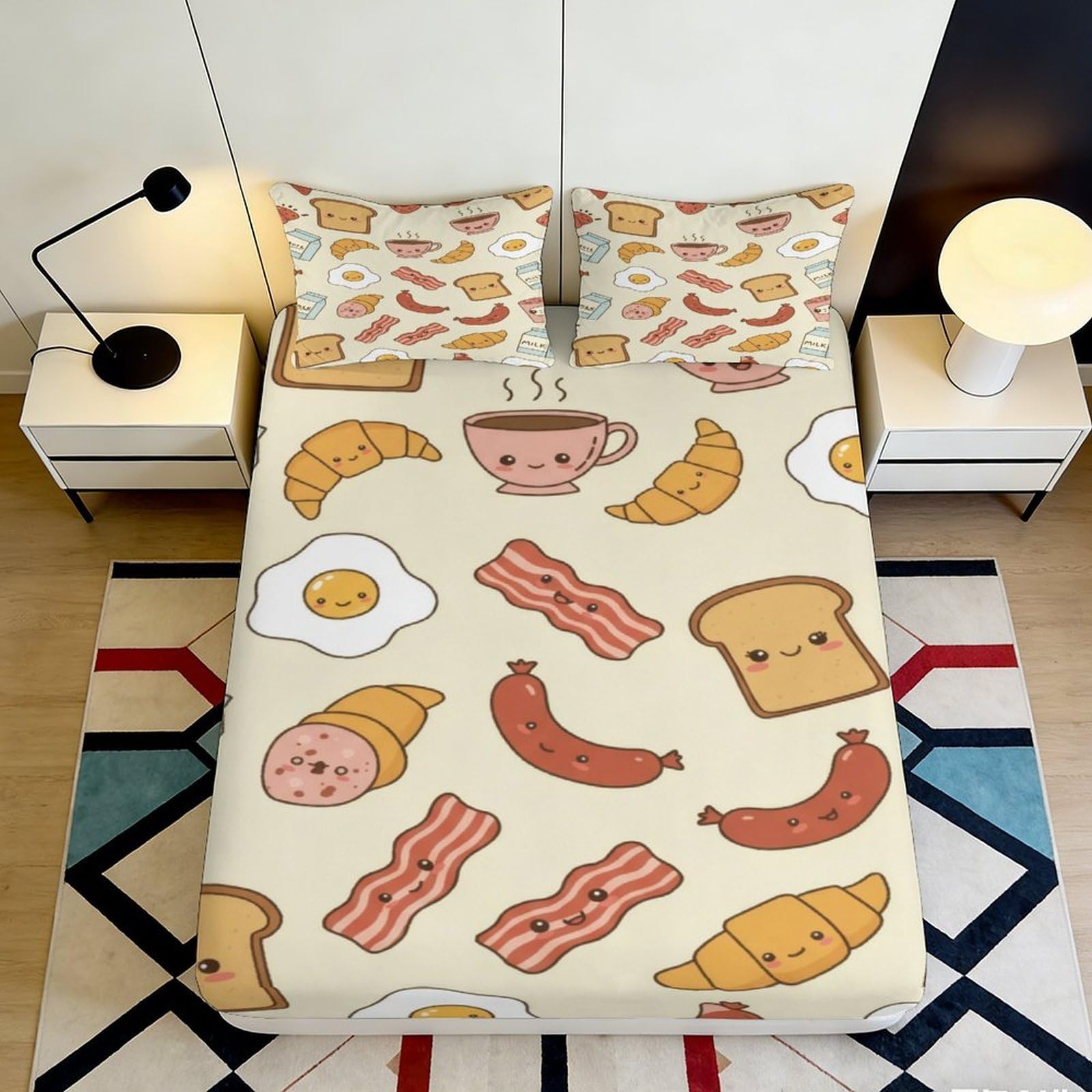 3D Printed breakfast pattern Fitted Sheet, soft touch Microfiber, anti-slip, washable, home decor, apartment bedding,%-% chars 160x200x25cm