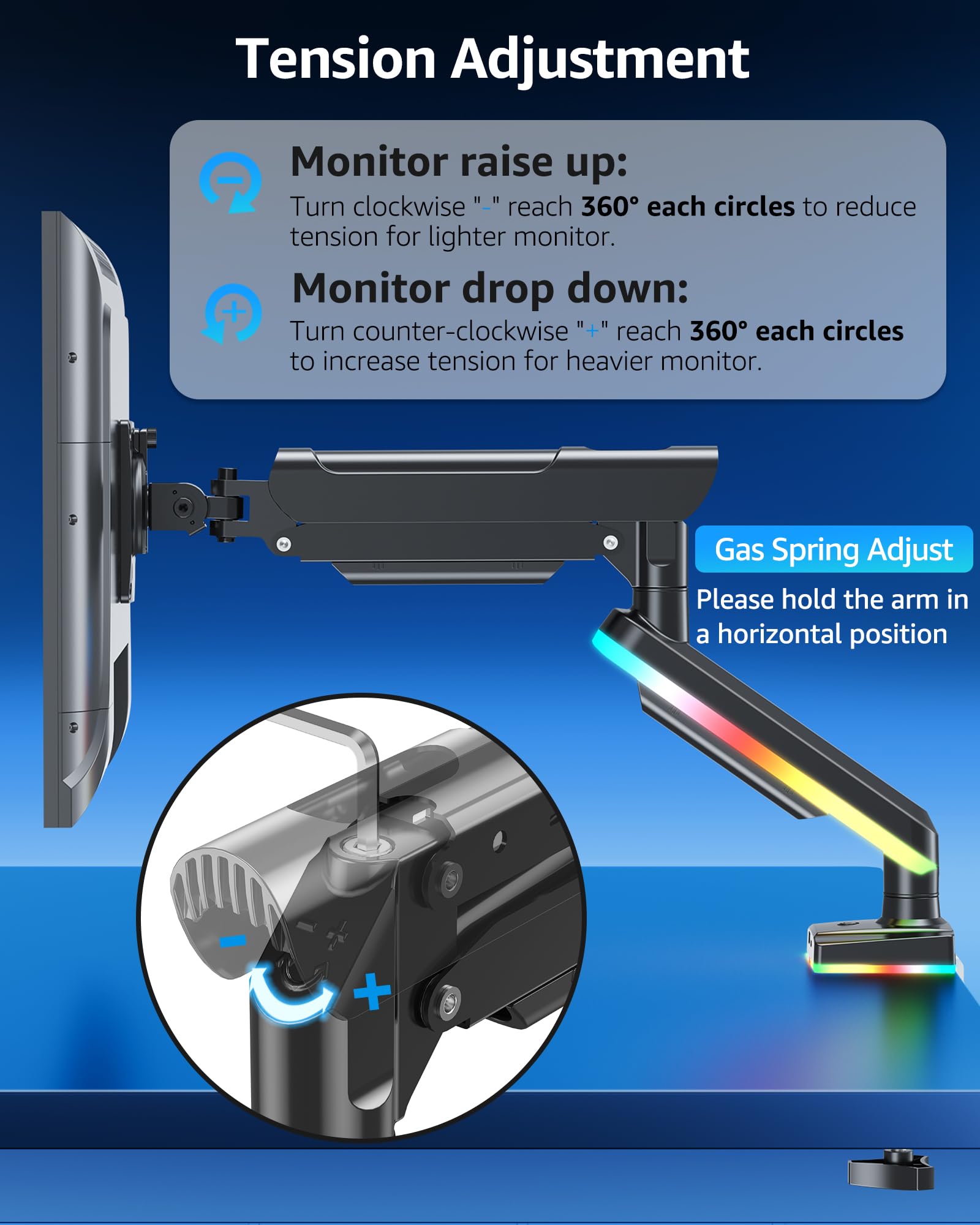 MOUNTUP Braccio singolo per monitor RGB adatto a 32 27 24 22 pollici, supporta schermi da 2 a 10 kg, supporto per monitor per scrivania con luci RGB, 19 modalità, supporto da scrivania per monitor per