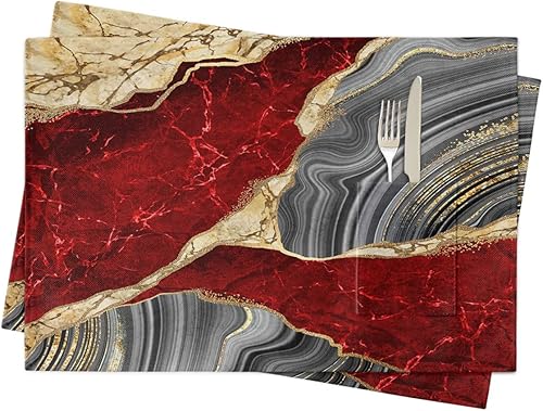 Marble Red Table Placemats for Dining Table Set of 2,Cotton Linen Cloth Kitchen Place Mats with Pocket,Burlap SquareRectangleRoundOblong Holiday