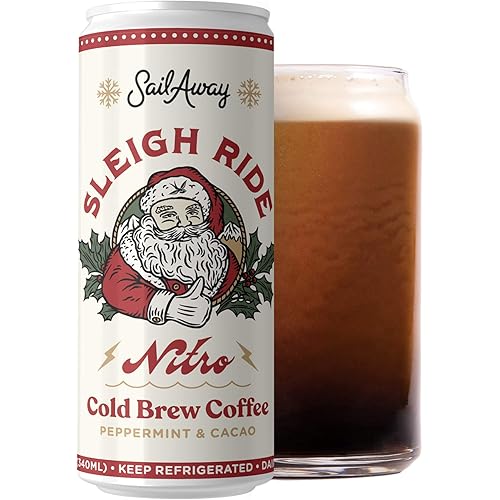 Sail Away Coffee Nitro Cold Brew Coffee Cans - Less Acidic Coffee Beverages | Draft Nitrogen Pour, 220mg Caffeine, Gluten Free, Organic, Keto, Peppermint Mocha Sleigh Ride, 6 Pack