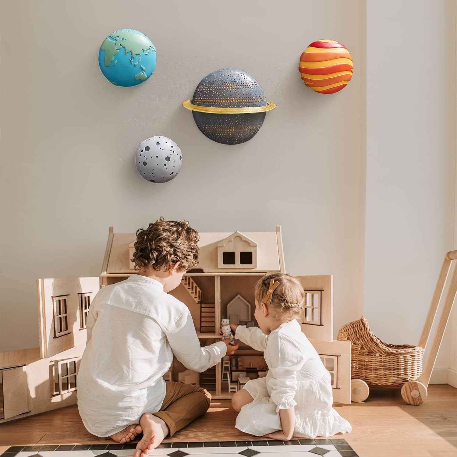 4Pcs Outer Space Planets Wall Decor - Modern 3D Wall Sculptures for Living Room & Bedroom - Solar System Decorations