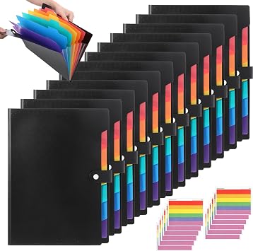 12 PCS Expanding File Folder Set with Labels - Premium A4 Letter Size Accordion Folder, Multi-Color Plastic Accordion File Organizer for Office Home Supplies