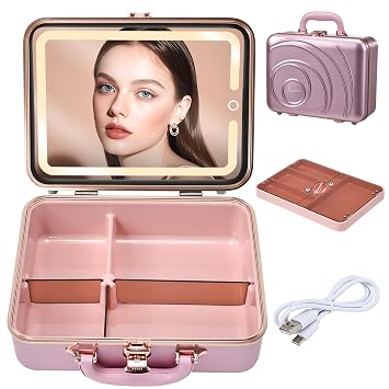 Faquenc Travel Makeup Case with LED Lighted Mirror 12 Inch Portable Makeup Box Organizer Adjustable Brightness in 3 Colors Cosmetic Storage Case with Dividers Hard Aluminum Shell Vanity Box Pink